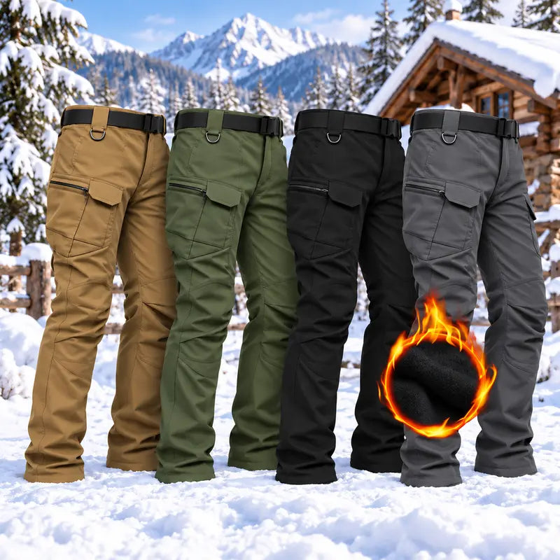 Men's Fleece-Lined Tactical Cargo Pants, Windproof Warm Work Pants with Multi-Pockets, 320g Fabric, Regular Fit Outdoor Pants for Fall & Winter