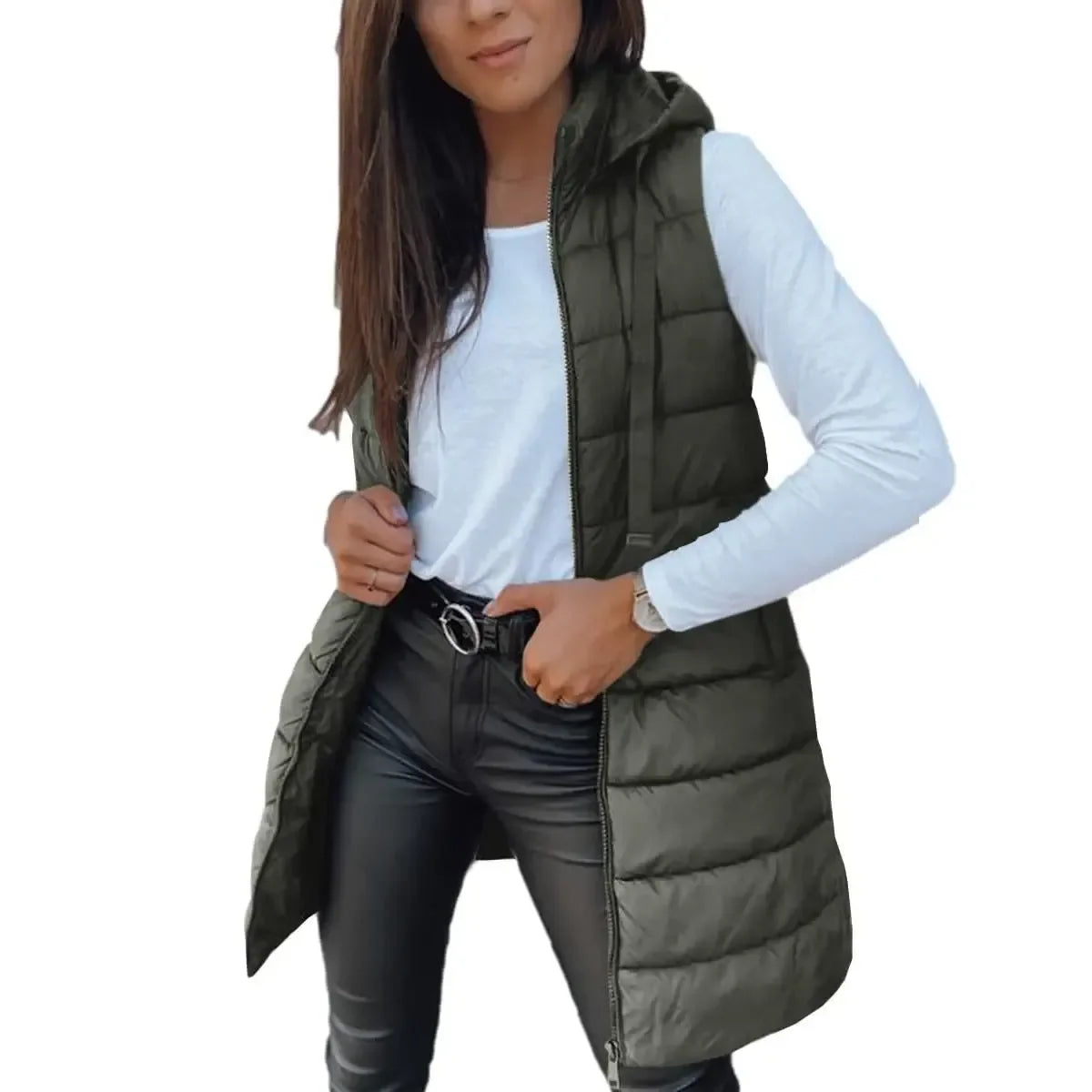 Women's Long Solid-Color Hooded Sleeveless Down Vest