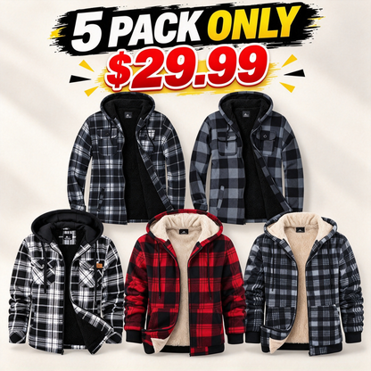 Men's Slim-Fit Thickened Plaid Fleece Hooded Jacket