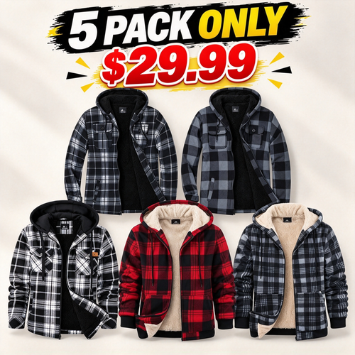 Men's Slim-Fit Thickened Plaid Fleece Hooded Jacket