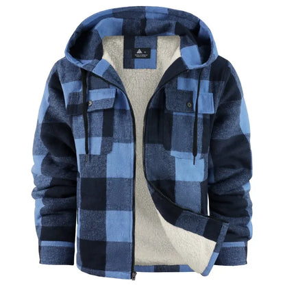 Men's Slim-Fit Thickened Plaid Fleece Hooded Jacket