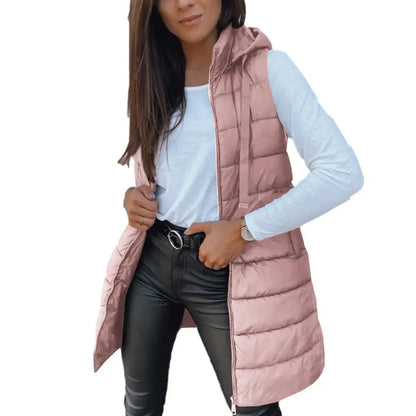 Women's Long Solid-Color Hooded Sleeveless Down Vest
