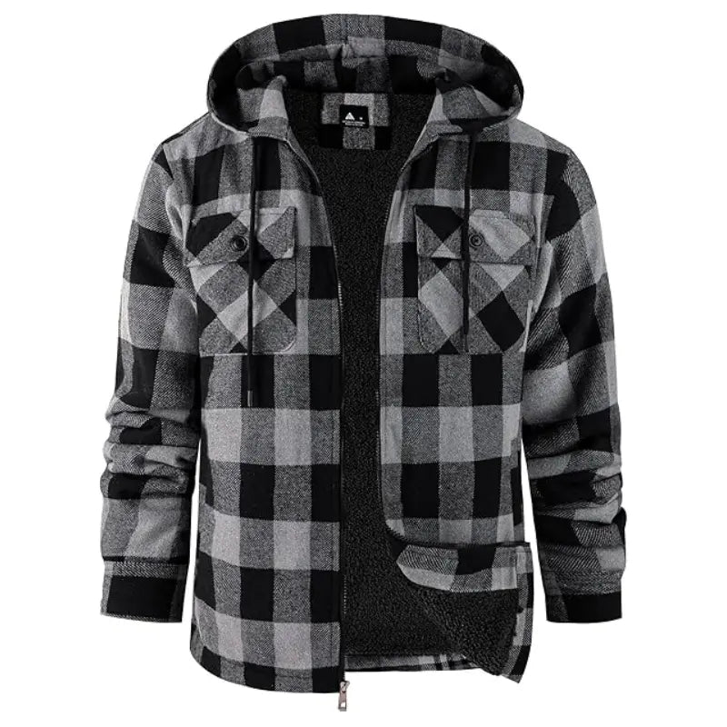 Men's Slim-Fit Thickened Plaid Fleece Hooded Jacket