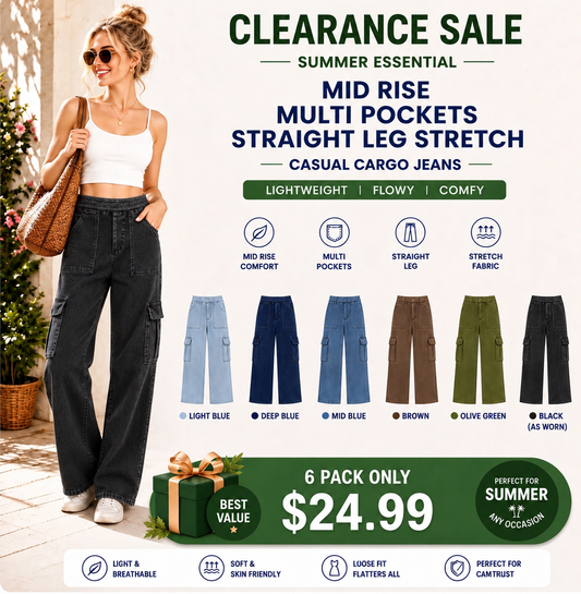 Women's Mid Rise Multi Pockets Straight Leg Stretch Casual Cargo Jeans