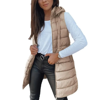 Women's Long Solid-Color Hooded Sleeveless Down Vest