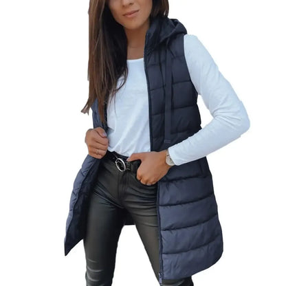 Women's Long Solid-Color Hooded Sleeveless Down Vest