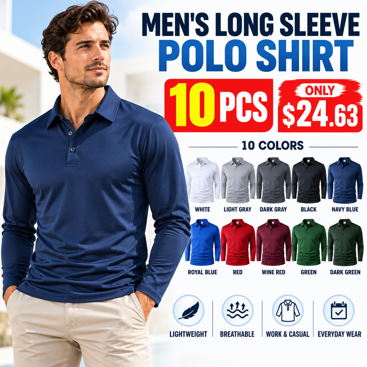 🔥 BESTSELLER | 10PCS $24.63 | Men's Lightweight Long-Sleeve Polo Shirt