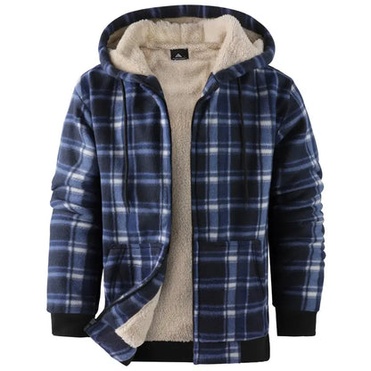 Men's Slim-Fit Thickened Plaid Fleece Hooded Jacket