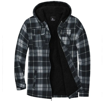 Men's Slim-Fit Thickened Plaid Fleece Hooded Jacket
