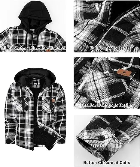 Men's Slim-Fit Thickened Plaid Fleece Hooded Jacket