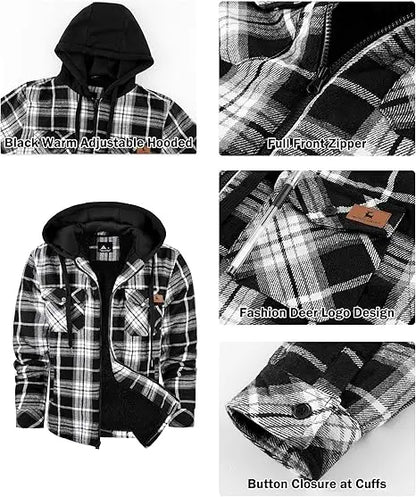 Men's Slim-Fit Thickened Plaid Fleece Hooded Jacket