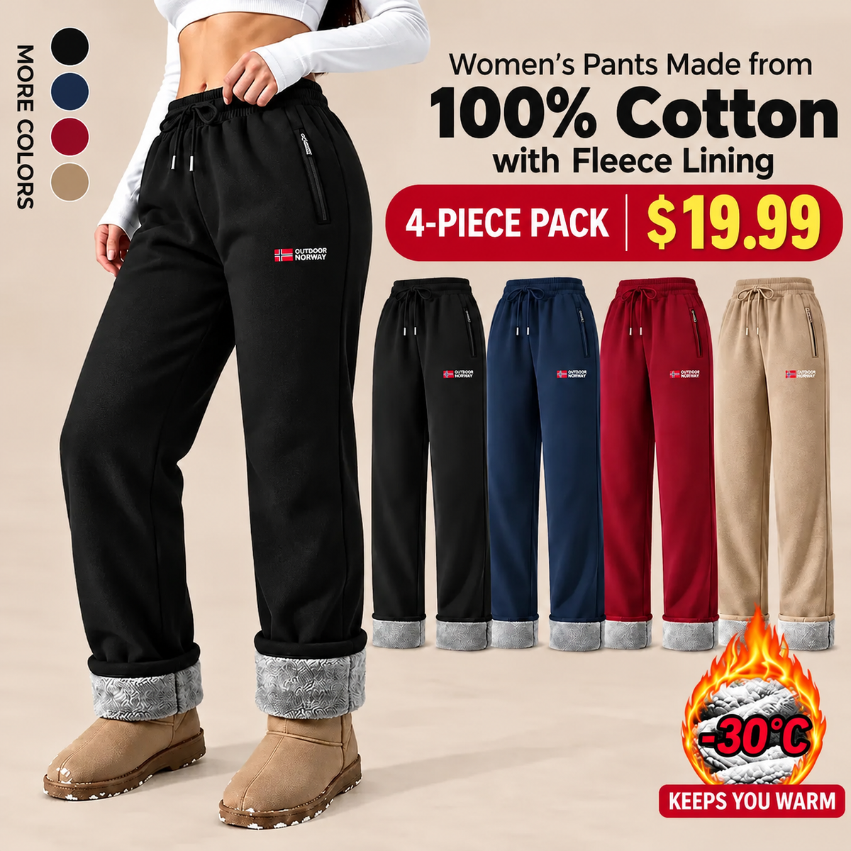 Women’s thermal trousers made of 100% cotton with a warm fleece lining