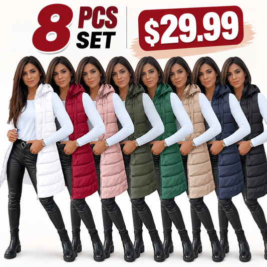 Women's Long Solid-Color Hooded Sleeveless Down Vest