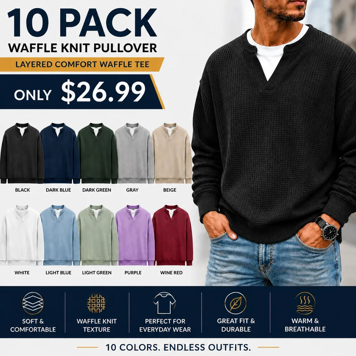 Men's Winter Warm Sweater, Waffle Texture, Loose and Comfortable Long Sleeve Style
