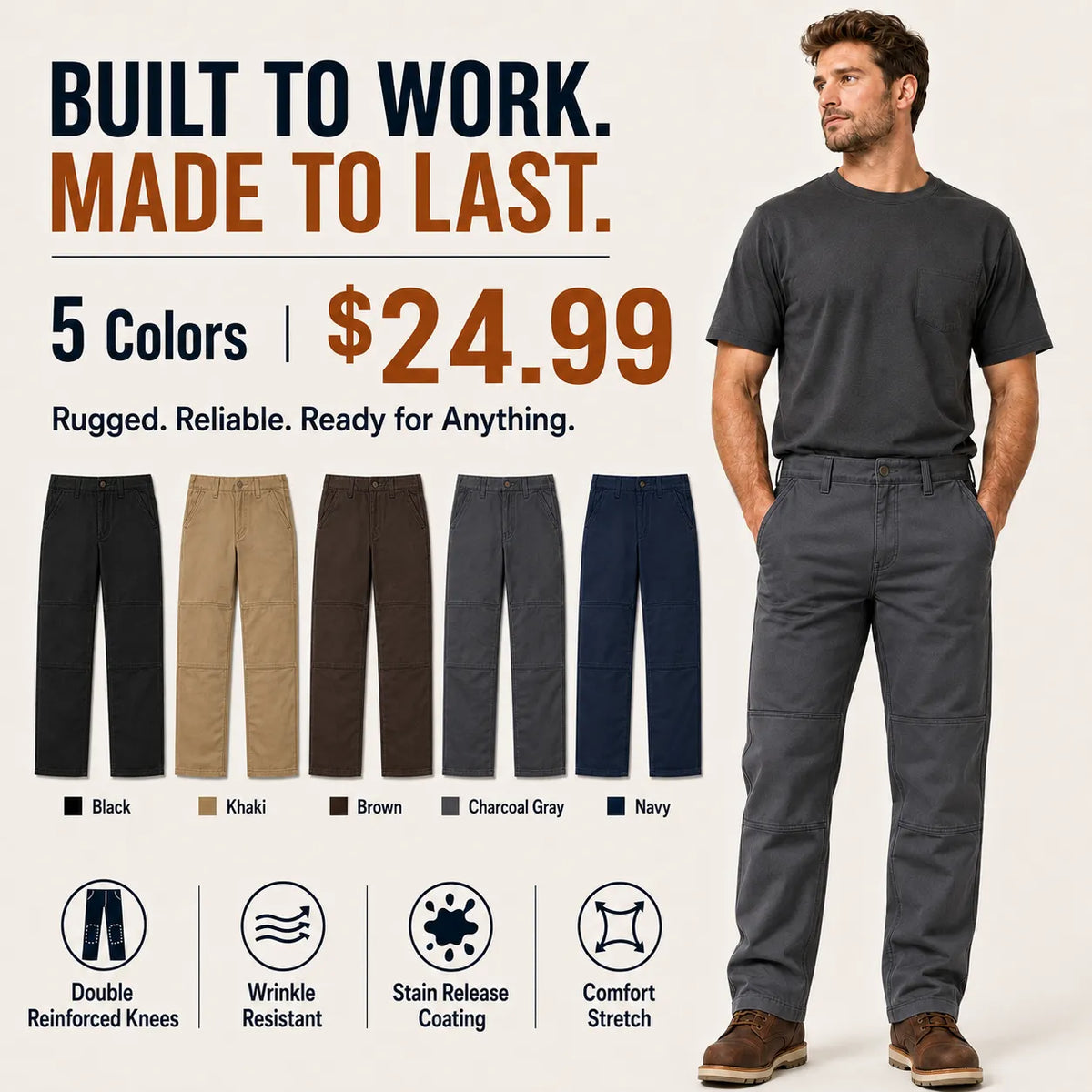 MEN’S DOUBLE KNEE STRAIGHT WORK PANTS