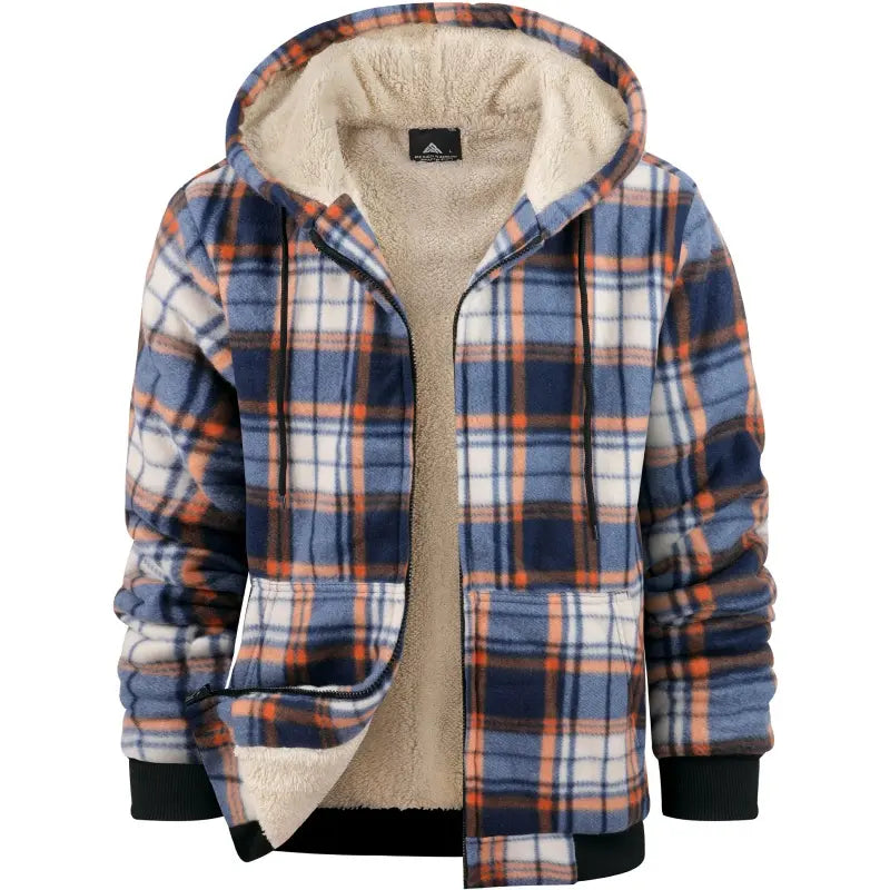 Men's Slim-Fit Thickened Plaid Fleece Hooded Jacket